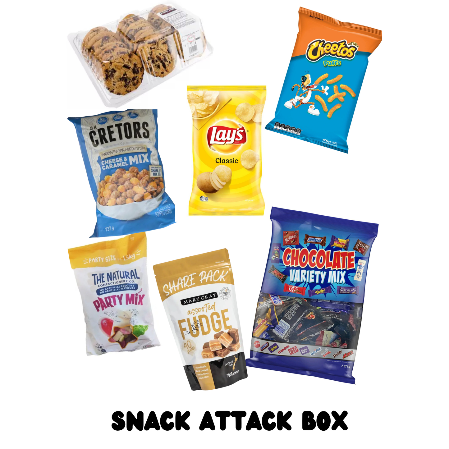 Assorted snack packages including cookies, chips, and mixtures with 'Snack Attack Box' text.