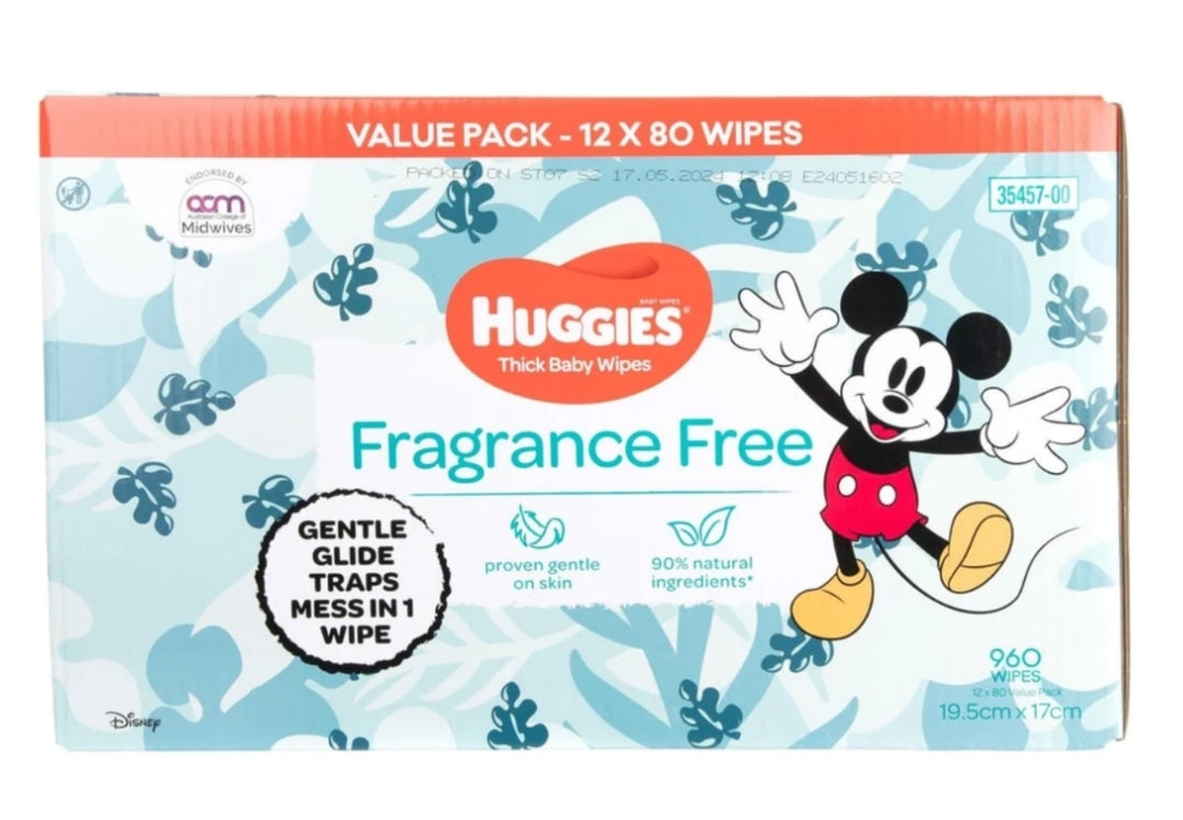 Huggies Fragrance Free baby Wipes 12x 80pks 960 Pk