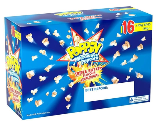 Poppin Microwave Popcorn Triple Butter 16x 100g