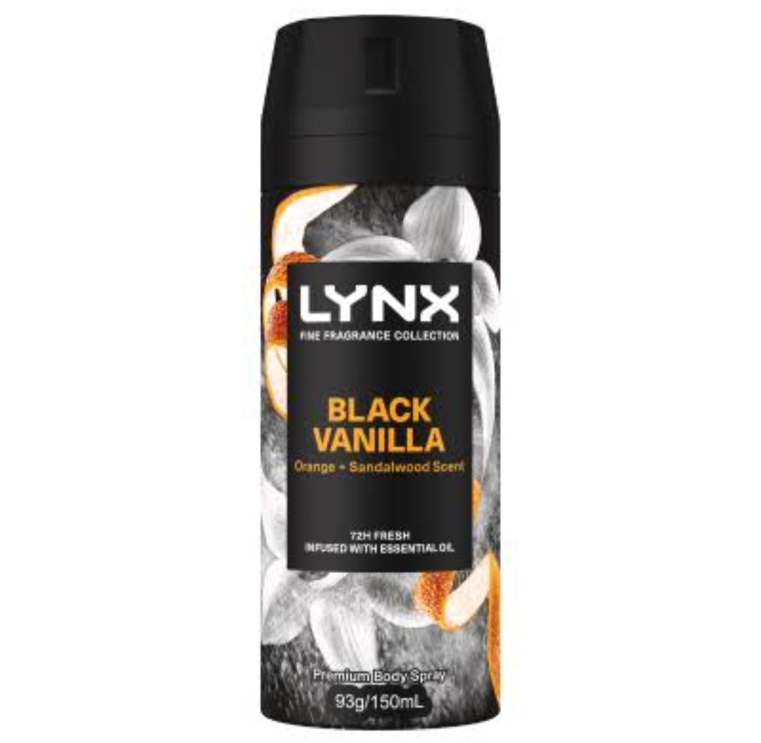 Lynx Fine Fragrance Black Vanilla 72Hr Body Spray 6x 150ml